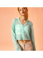 韓國PRENDA - PUNCHING NET KNIT CARDIGAN MINT